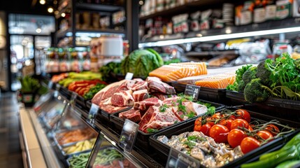 Obraz premium Vibrant Display of Fresh Meat and Seafood in a Well-Organized Supermarket Section