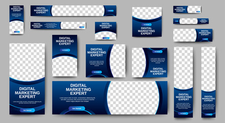 Set of business banner templates with blue background. Modern technology design, abstract background layout with photos. Editable Vector collection corporate banner.