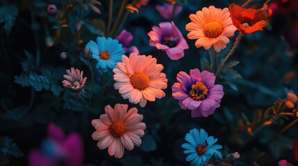 Colorful Flowers in a Lush Garden at Dusk