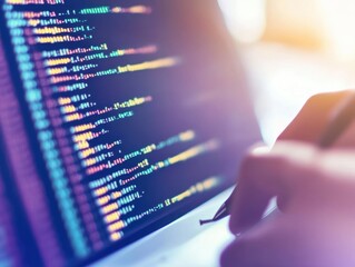 Close-up of a hand coding on a laptop with colorful programming lines on the screen.