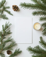 Background, white greeting card mockup with candle on table.  AI generation.