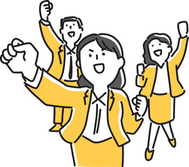 一緒にガッツポーズをとる男女会社員