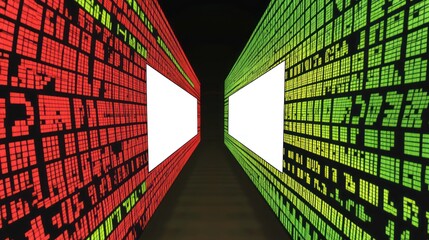 A digital corridor with red and green pixelated walls, leading to a blank center space.