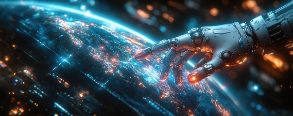 Location images, Robotic Hand Interacting with Digital Global Map