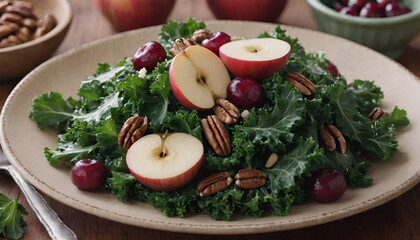 plate of kale salad with apples, pecans, and cranberries