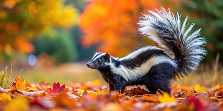 Striped skunk lifting tail in front of autumn leaves, asymmetrically