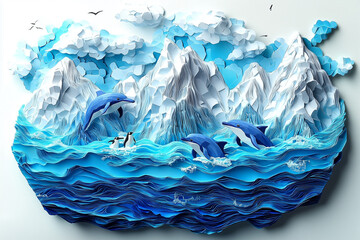 Obraz premium 紙のアートで伝える地球の声 - 氷山の上で遊ぶイルカとペンギン/Voices of the Earth through Paper Art - Dolphins and Penguins Playing atop an Iceberg