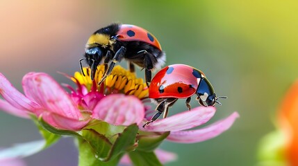 Fototapeta premium A bumblebee and a ladybug on a flower