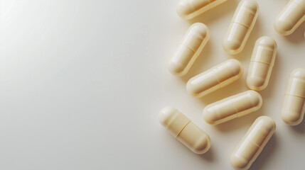 Probiotics concept,collection of light-colored capsules scattered on a smooth surface suggests a focus on nutrition,wellness,and dietary supplements,copy space