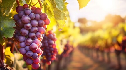 Fototapeta premium A close-up of ripe red and purple grapes hanging from a vine in the warm sunlight.