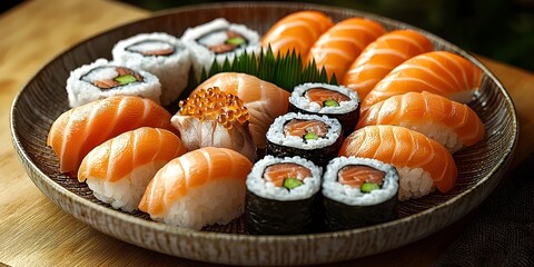 A vibrant platter of sushi featuring various types of salmon nigiri and maki rolls, garnished with wasabi and greenery, evoking a fresh and appetizing mood.