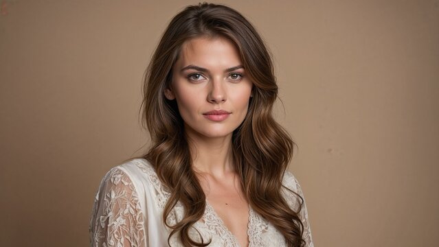 Frau Braune Haare, Creme Hintergrund, Haare Schulterlang, Brauner Taint