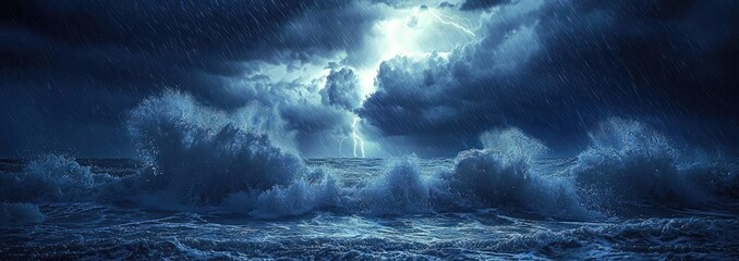 Obraz premium Dramatic ocean waves under a stormy night sky illuminated by flashes of lightning.