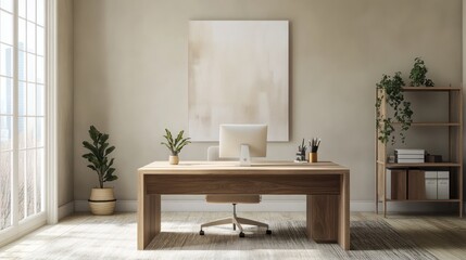 A bright minimalist office with a large wooden desk, no extra decor, and a single piece of modern art on the wall, emphasizing simplicity