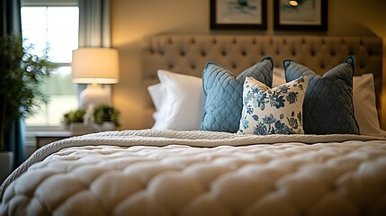 A neatly made bed with blue and white patterned pillows, a white blanket, and a lamp on a side table.