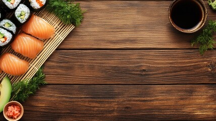 Sushi with sashimi, soy sauce, ginger, wooden table, top view