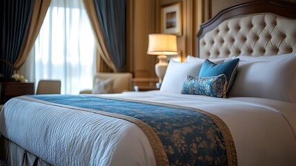 Luxurious hotel bed with white sheets and blue pillows, with a window and curtains in the background.