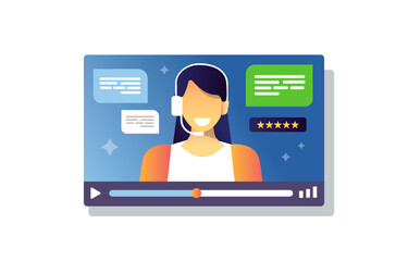 video player window customer care speaking woman concept vector illustration