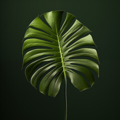 Single Monstera Deliciosa Leaf on Dark Green Background