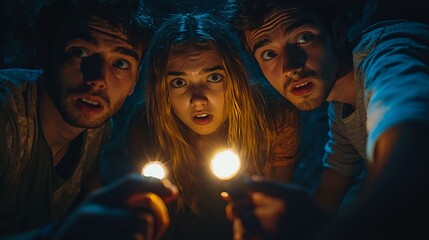 Three friends huddle together in the dark, holding flashlights and looking scared.