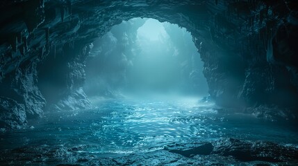 A eerie and haunted cave with a stream, mist and moonlight. Copy space.