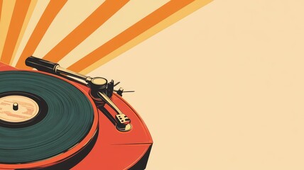 Stylized illustration of retro turntable with vinyl record, sunburst background