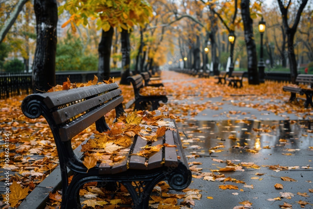 Poster a serene urban park features pathways blanketed with fallen leaves, and benches inviting visitors to