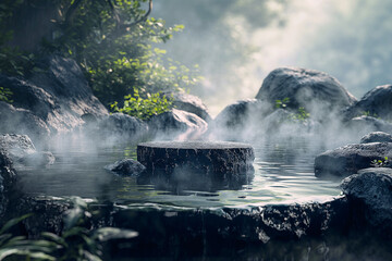 Stone pedestal display on surface of the lake or hot spring on the rocks, sky, mountains, forest, greenery in morning, fog, ozone, cool and shady. Nature zen concept ripple waves. podium of cosmetic.