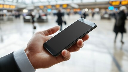 A hand holding a smartphone in a busy airport terminal.