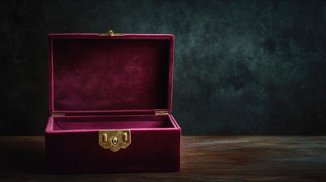 Velvet-lined, burgundy jewelry box with gold clasp, open lid