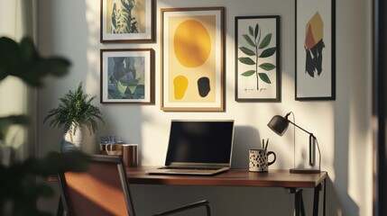 A corner office space with a compact desk, a laptop, framed pictures on the wall, and a coffee mug, creating a comfortable and inviting work environment