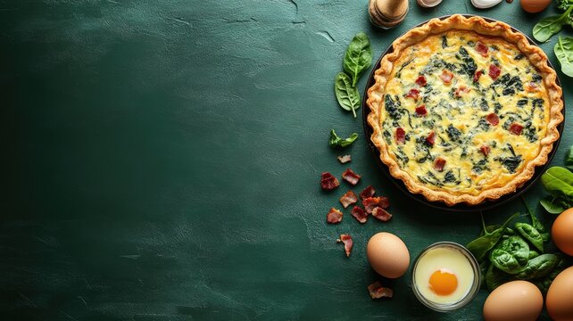 Freshly baked quiche with spinach and bacon on green surface Ingredients like eggs surround it