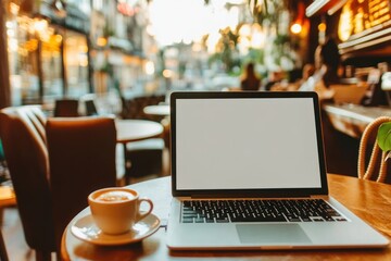 Fototapeta premium A laptop and a coffee cup on a table in a cozy caf? setting.