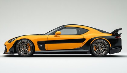 A sleek sports car with a striking black and orange color scheme, showcasing modern design.