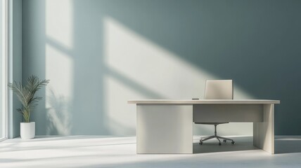 Minimalist office with desk, chair, potted plant, and natural light