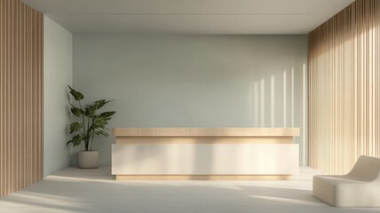 Minimalist reception area with wooden accents and indoor plant