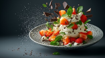 Delicious dessert featuring fresh strawberries, whipped cream, and chocolate shavings.