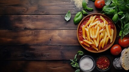 Plate of pasta with tomato sauce and basil on wooden table