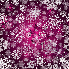 Purple gradient seamless pattern with vintage snowflakes and stars. Vector image.