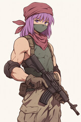 Fototapeta premium Anime Soldier with Purple Hair and Combat Gear