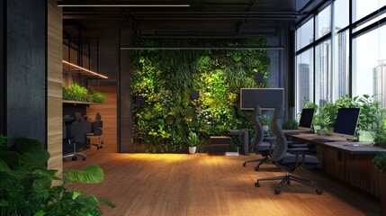 Obraz premium A green office design featuring solar-powered lights, recycled furniture, and vertical gardens adding a natural element to the workspace