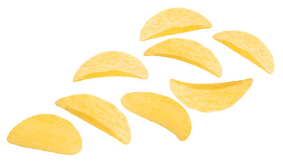 Potato chips flying on white background,Flying Chips Images isolate on white with clipping path.