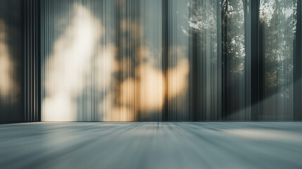 Shaking house concept,Sunlight streams through sleek vertical panels in a contemporary setting,creating an interplay of light and shadows on wooden floor,background,backdrop