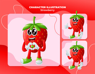 Cute strawberry characters making playful hand signs
