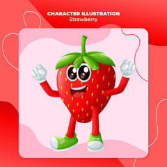 Cute strawberry character making a victory sign with his hand