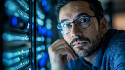 Portrait of an IT expert troubleshooting server issues, focused and analytical, server racks in the background