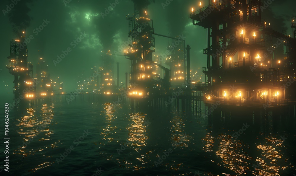 Poster High-Tech Offshore Oil Platform Refining Fossil Fuels with AI-Driven Systems and Oceanic Reflections