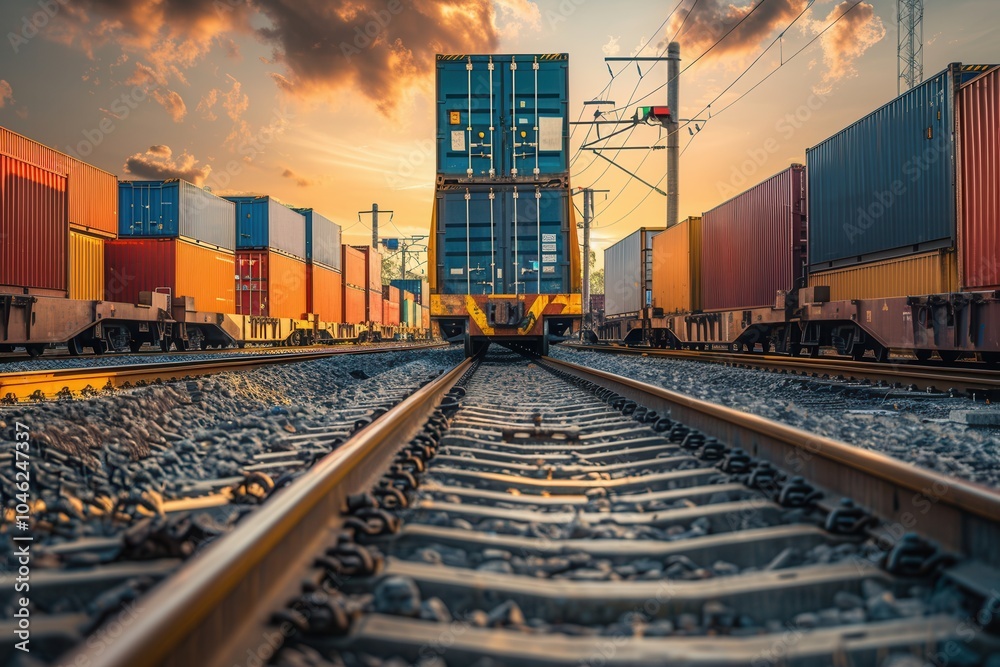 Poster cargo containers are being efficiently loaded onto a train, highlighting the seamless integration of