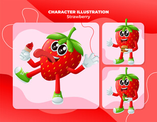 Cute strawberry characters enjoying food