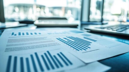 Documents with graphs and data on a desk, indicating business analysis.